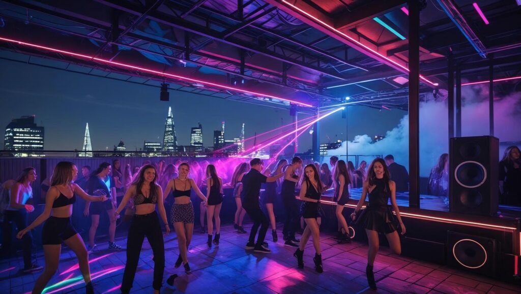 Open-air terrace at Studio 338 in London lit by laser lights and smoke, with a crowd dancing under industrial structures and a glowing city skyline — iconic UK nightclub atmosphere.