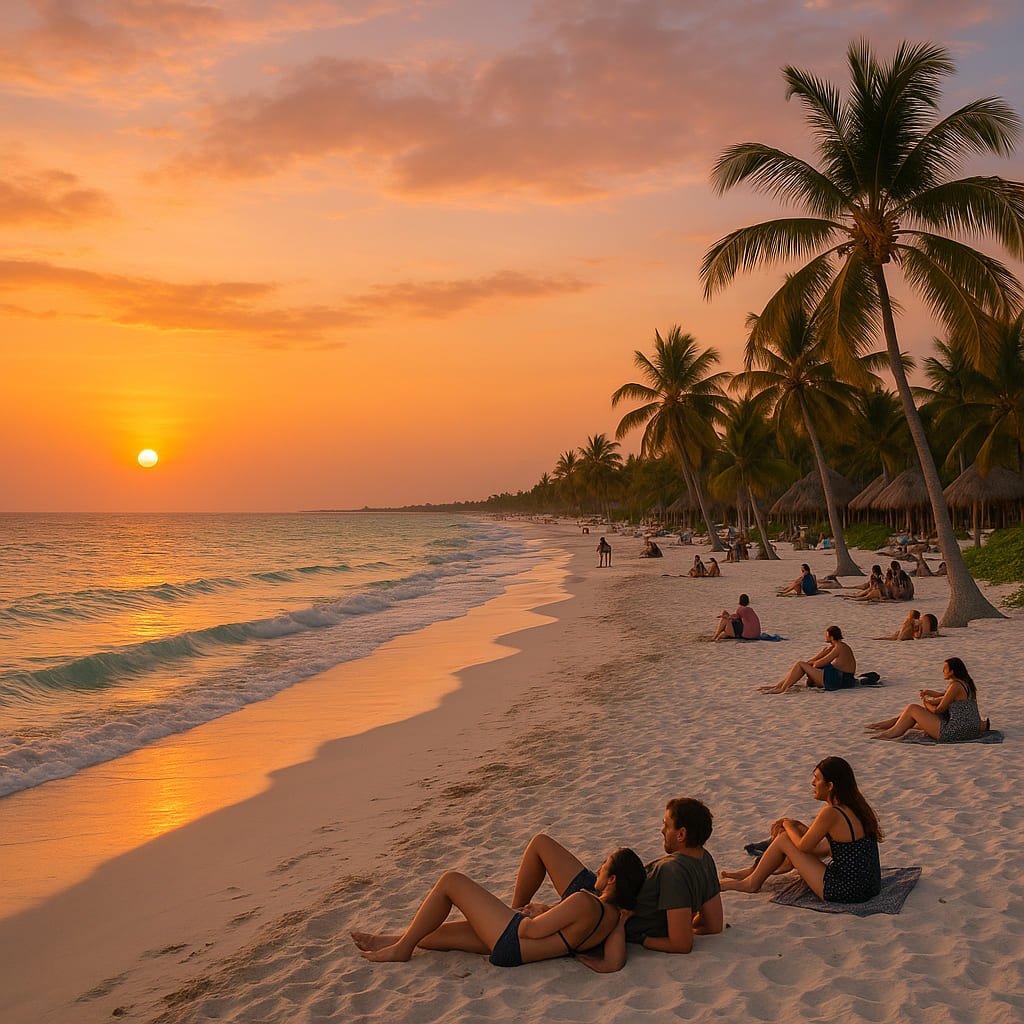 Tourists relaxing on Tulum beach at sunset, peaceful atmosphere with palm trees and calm ocean waves – is Tulum safe for travelers