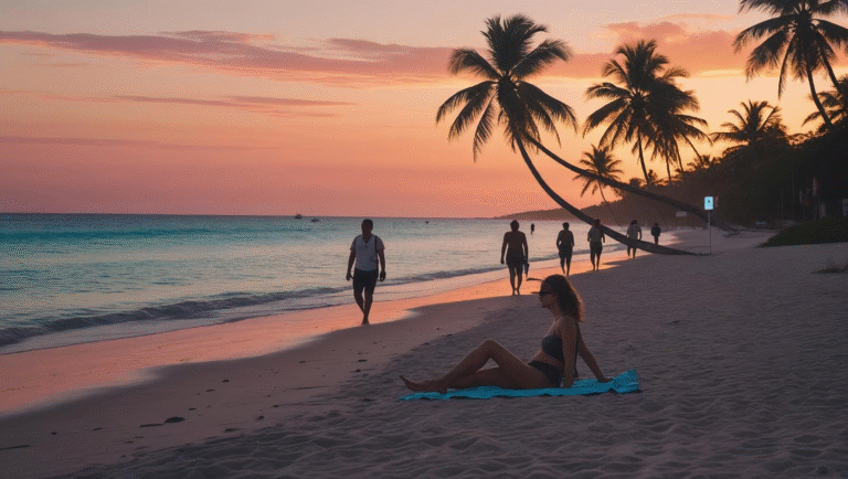 Tourists walking along the beach in Tulum during sunset in 2025, calm and safe atmosphere