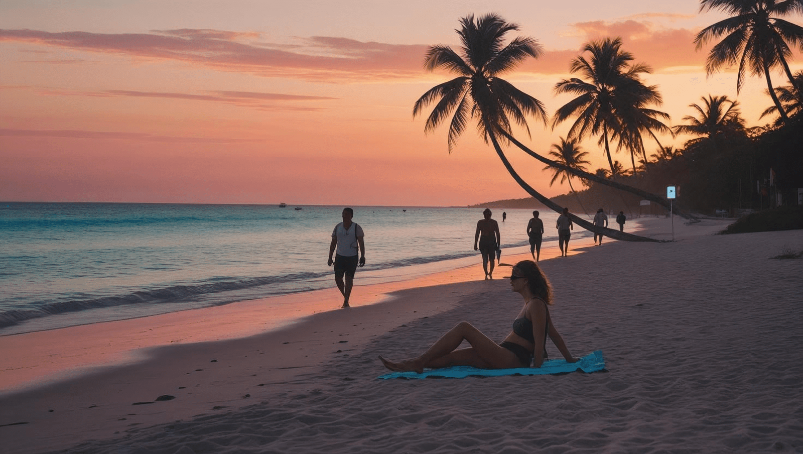 Tourists walking along the beach in Tulum during sunset in 2025, calm and safe atmosphere