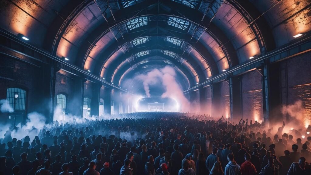 Massive underground rave at Depot Mayfield in Manchester — arched ceilings, brick walls, and a sea of people dancing under strobe lights and fog.