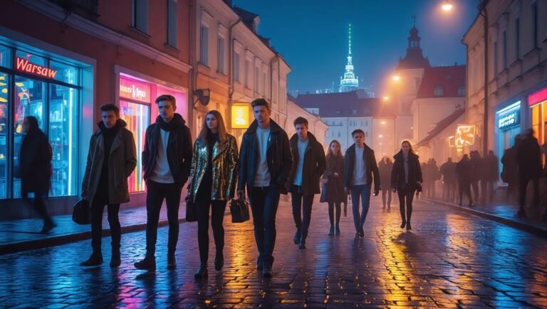 Cinematic night scene in Warsaw with neon reflections, stylish people, and vibrant city energy.